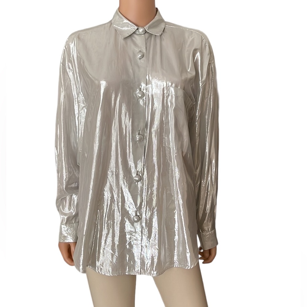 Vintage 80’s First Glance Metallic Silver Shimmery Blouse